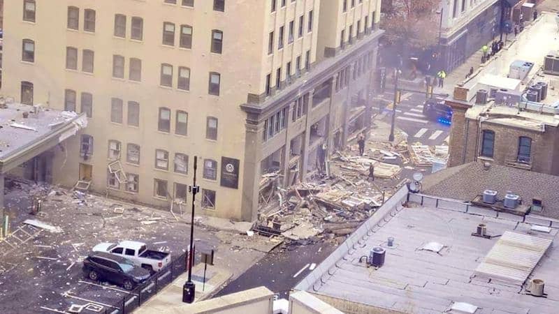 Damage to the Sandman Signature Hotel in Fort Worth, Texas, from a suspected gas explosion