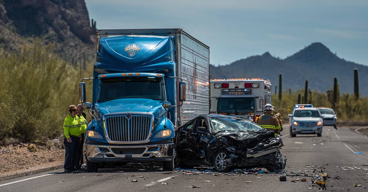 First responders at the scene of a serious accident between a car and a commercial truck in Arizona | Burg Simpson