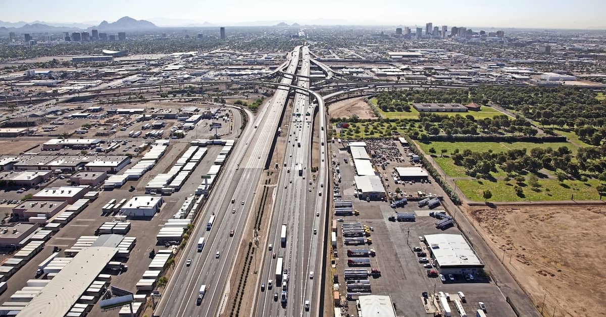 Traffic on. Interstate 10 approaching the 'Stack' interchange in Phoenix, Arizona | Burg Simpson